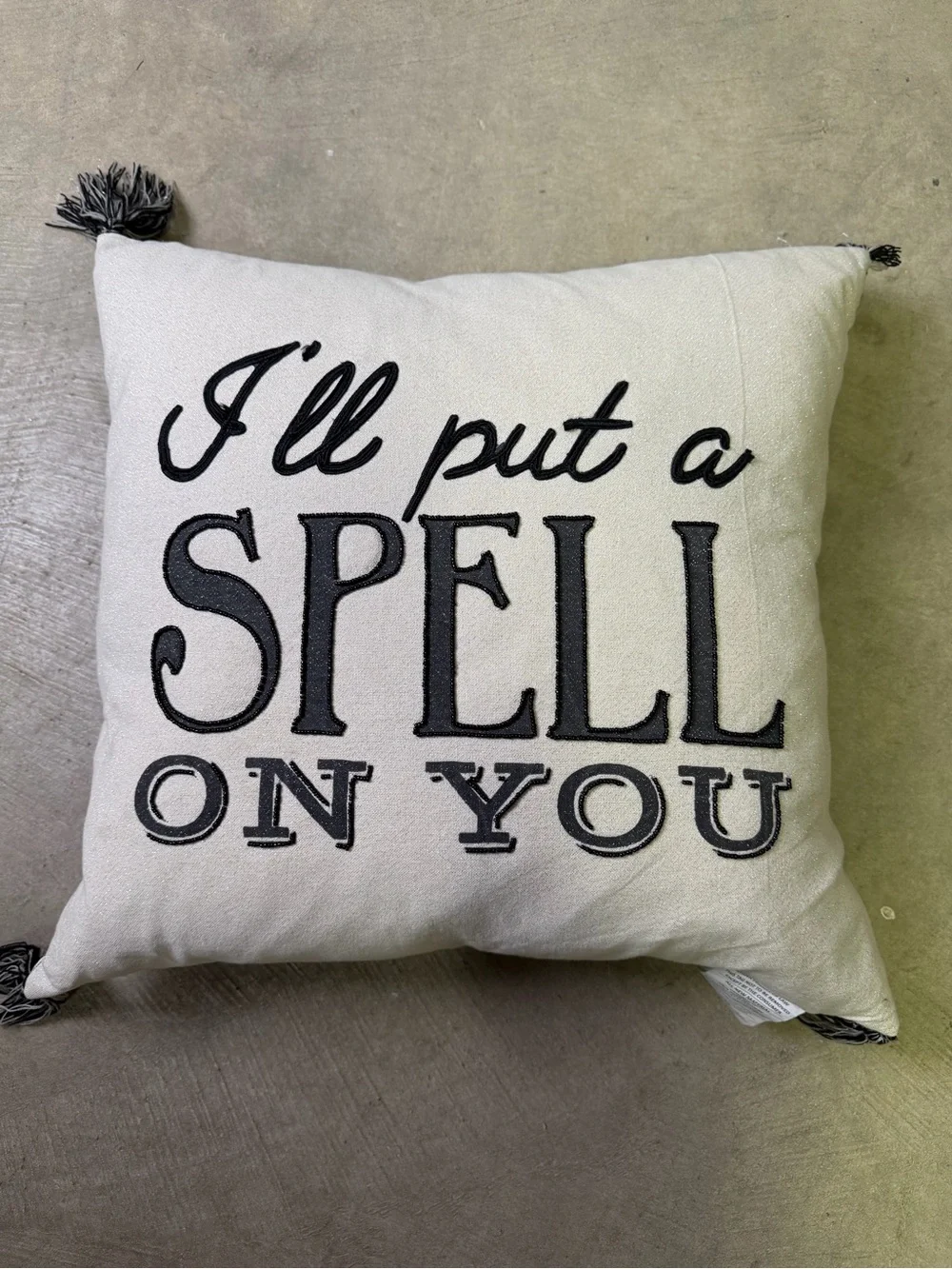 Halloween I’ll Put a Spell on You Square Beige Pillow 20” Cotton Feather Tassels